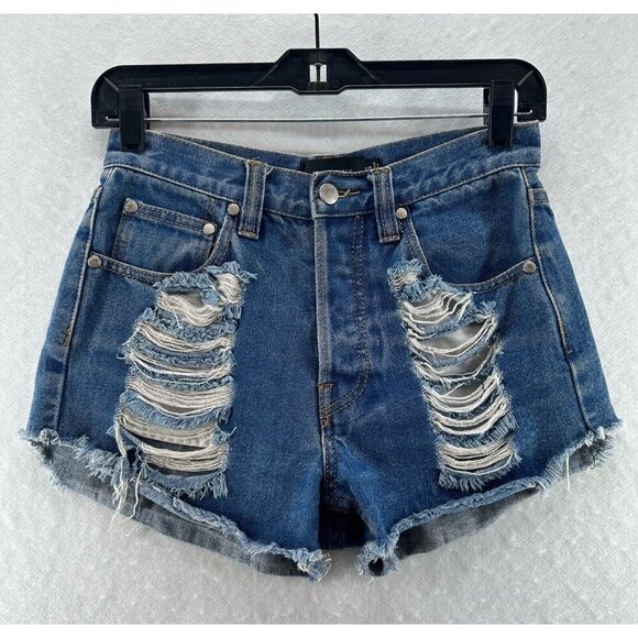 MINKPINK Shorts Womens Sz S Cut-Off Midrise Distressed Medium Washed Denim Blue - Picture 1 of 7